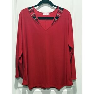 89th Madison Red V Neck Long Sleeve Embellished Neckline Tunic Top Plus Size 2X‎